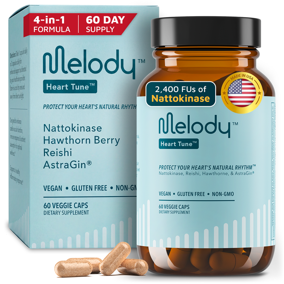 Product image prompt: Melody Wellness Heart Tune supplement bottle in a clean, premium wellness setup on a neutral surface; subtle botanical props representing ingredients (hawthorn berries, reishi mushroom, fermented soybean/natto cue, astragalus root) arranged minimally; modern clinical-luxe aesthetic; diffused flattering light, film-inspired low contrast, ultra-realistic editorial product photography.